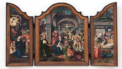 Aanbidding der wijzen (midden; Maria in aanbidding voor het Christuskind (links); presentatie van Christus in de tempel (rechts) by Pieter Coecke van Aelst
