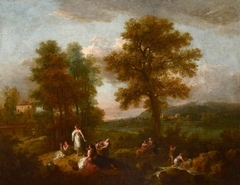 An Italian Landscape with Children Fishing