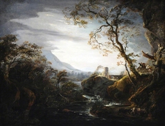 An Italianate Rocky Landscape with Travellers in a Storm by Anonymous