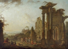 Antique Ruins with Figures and a Pyramid by Jean-Baptiste Claudot