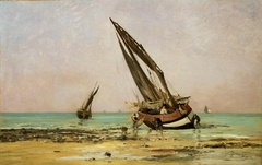 Beached fishing boats at low tide, Villerville by Edmond Yon