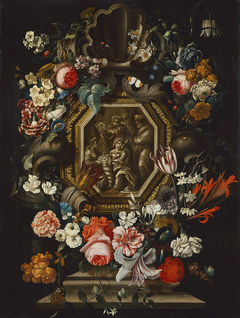 Blumenstück, in der Mitte die vier Jahreszeiten by Johann Michael Bretschneider