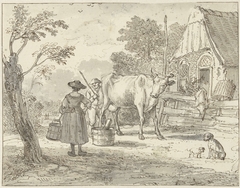 Boeren met een koe voor het huis