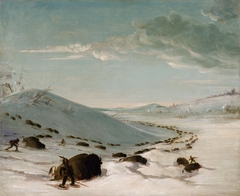 Buffalo Chase in Winter, Indians on Snowshoes
