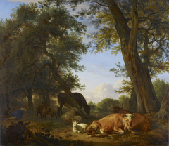 Cattle and Sheep Resting under Trees: a Shepherdess Asleep