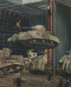 Damaged Tanks being Lowered into the Hold of a Merchant Ship by Bernard Hailstone