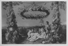 Der kleine Jesus mit dem Johannesknaben und drei Engeln, flankiert von Früchtetrophäen