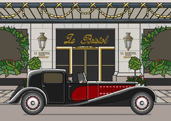 Design for a toy car. Bugatti Royale 1926 outside Le Bristol Hotel Paris. Drawn in Photoshop Elements.