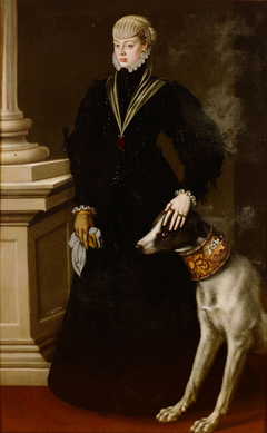 Dona Juana (1535-1573), Prinzessin von Portgual, ganzfiguriges Bildnis im Alter von 22 Jahren mit einer Dogge by Alonso Sánchez Coello