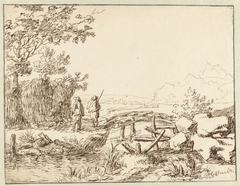 Drie mannen bij een brug by Jan van Almeloveen