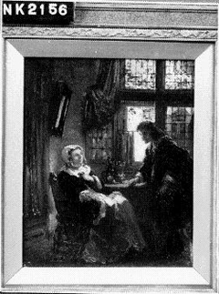 Een zeventiende eeuws interieur met een man die een vrouw het hof maakt by Johannes Anthonie Balthasar Stroebel