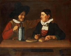 Ein zechendes Paar am Tisch mit Zinnhumpen, Weinglas und Brot by Martin Dichtl