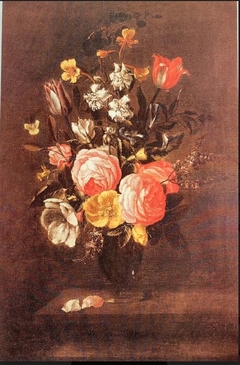 Flower bouquet in a glass vase by Jan Anton van der Baren