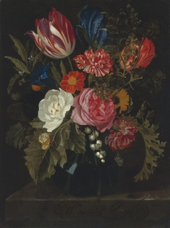 Flowers in a vase on a marble ledge by Maria van Oosterwijck