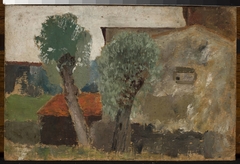 Fragment of a house with two trees