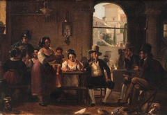 From a Roman Osteria. Pipe-Smoking Hunters and Italian Women by Wilhelm Marstrand