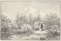 Gezicht in het park van Leiduin, met huisje tussen de bomen