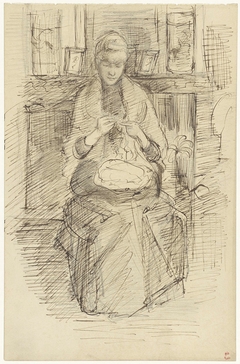 Handwerkende vrouw voor een schoorsteen by Jozef Israëls