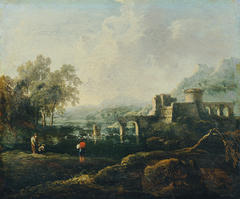 Ideale Landschaft mit Fluss und Brückenruine (Der Morgen) by Johann Christian Brand