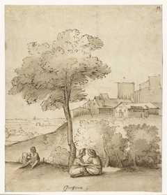 Italiaans landschap met enkele figuren onder een boom by Unknown Artist