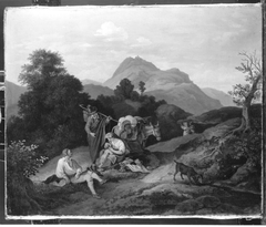 Italienische Landschaft mit ruhenden Wanderern (Rastendes Volk in den Bergen) by Adrian Ludwig Richter