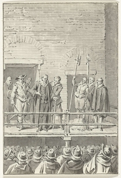 Johan van Oldenbarnevelt spreekt vanaf het schavot voor zijn onthoofding de omstanders toe, 13 mei 1619 by Jacobus Buys