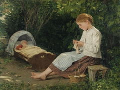 Knitting girl watching the toddler in a cradle