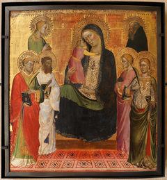 La Vierge et l'Enfant avec six saints : Laurent, Barthélemy, Madeleine, Catherine (?), Lucie (?), Antoine abbé. by Mariotto di Nardo