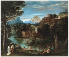 Landscape with river and bathers by Annibale Carracci