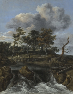 Landscape with waterfall and wooden footbridge