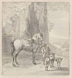 Man met een paard en twee honden bij een park by Hendrik Verschuring