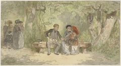 Man, vrouw en kind op een bank in het park by Diederik Franciscus Jamin