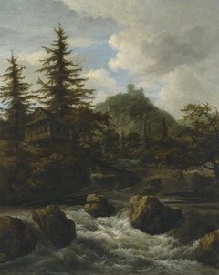 Mountainous landscape with a waterfall, a cottage, and a castle