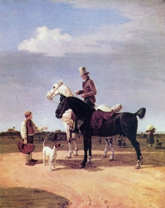 Reiter mit einem Handpferd, bei einem Bettelbuben haltend by Wilhelm von Kobell