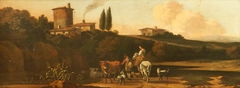 River Landscape with a Tower and Houses on a Hill on the far side, and a Herdsman with Cattle and goats conversing with a Woman on a Horse on a Road in the foreground by Abraham Begeyn