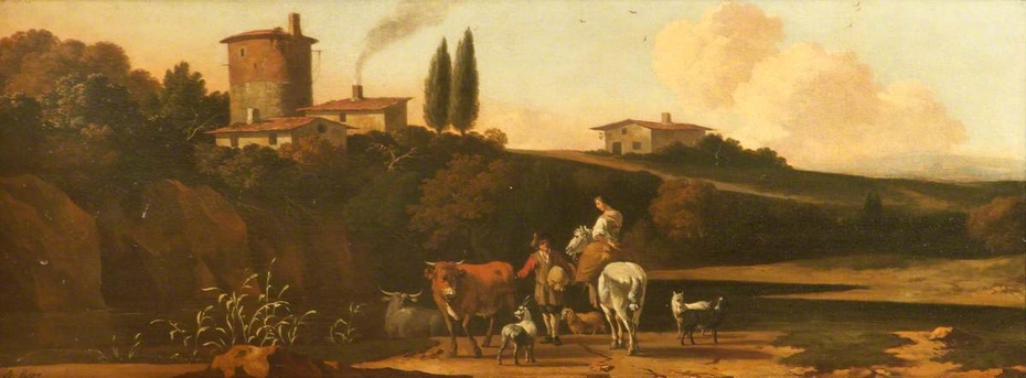 River Landscape with a Tower and Houses on a Hill on the far side, and a Herdsman with Cattle and goats conversing with a Woman on a Horse on a Road in the foreground