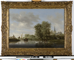 Riviergezicht met reizigers in een koets by Salomon van Ruysdael