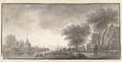 Rivierlandschap met vee en enkele huizen by Unknown Artist