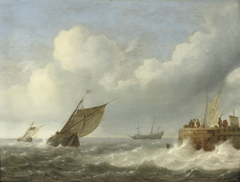 Sailing vessels in choppy waters with figures on a quay nearby by Jan Porcellis
