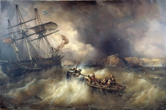 Sauvetage d'un bateau de pêche bas-breton par le Neptune, navire danois, sur les côtes de la Basse-Bretagne by Ferdinand Perrot