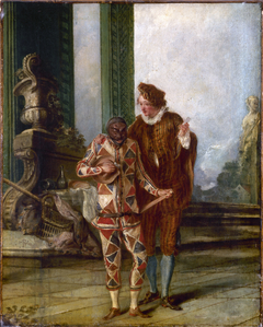Scène de la comédie italienne : Arlequin et Ricoboni, vers 1720 by Ecole française