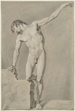 Staand mannelijk naakt, de linkerarm geheven by Hendrik de Flines