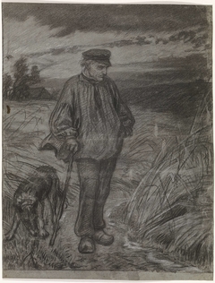 Staande boer, de handen ineen geslagen, en zijn hond op de akker by Thomas Simon Cool
