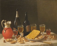 Still Life with Bottles, Wine, and Cheese by John F Francis