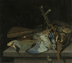 Still life with hunting implements and birds by Hendrick ten Oever
