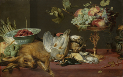 Still life with small game and fruits