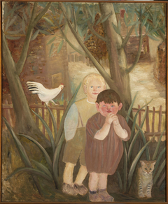 Two children with a cat
