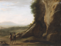 Two men talking in a landscape by Cornelius van Poelenburgh