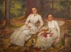 Two women in white seated in wooded glade. by Louisa Starr