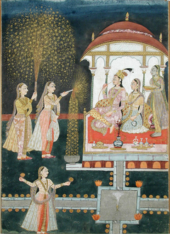 Two women sit beneath a pavilion and watch the fireworks held by three maids
